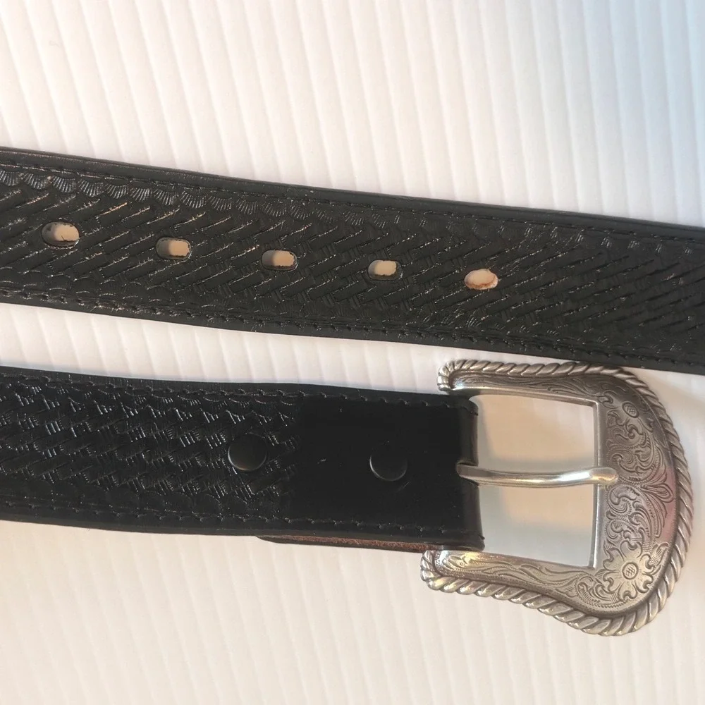 Nocona‎ Mens Black Leather Western Belt Ornate Silver Buckle Size 46